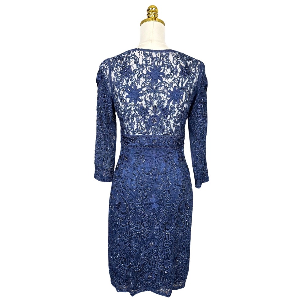 Sue Wong Navy Blue Beaded Lace Cocktail Dress V-Neck 3/4 Sleeve Formal Gown - Picture 10 of 16
